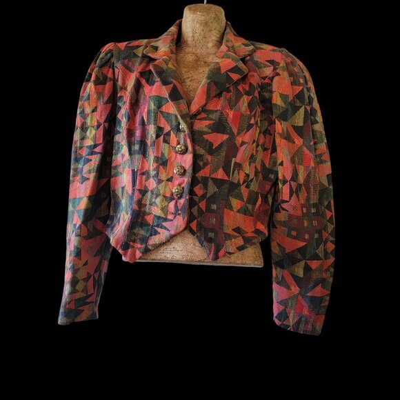 Vintage 90s Geometric Pattern Cropped Blazer Jacket With Statement Buttons - Picture 4 of 11